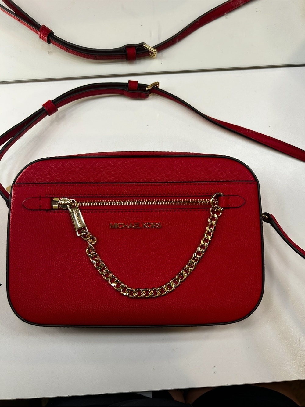 MICHAEL KORS Red Saffiano Leather Crossbody with Gold Chain Accent